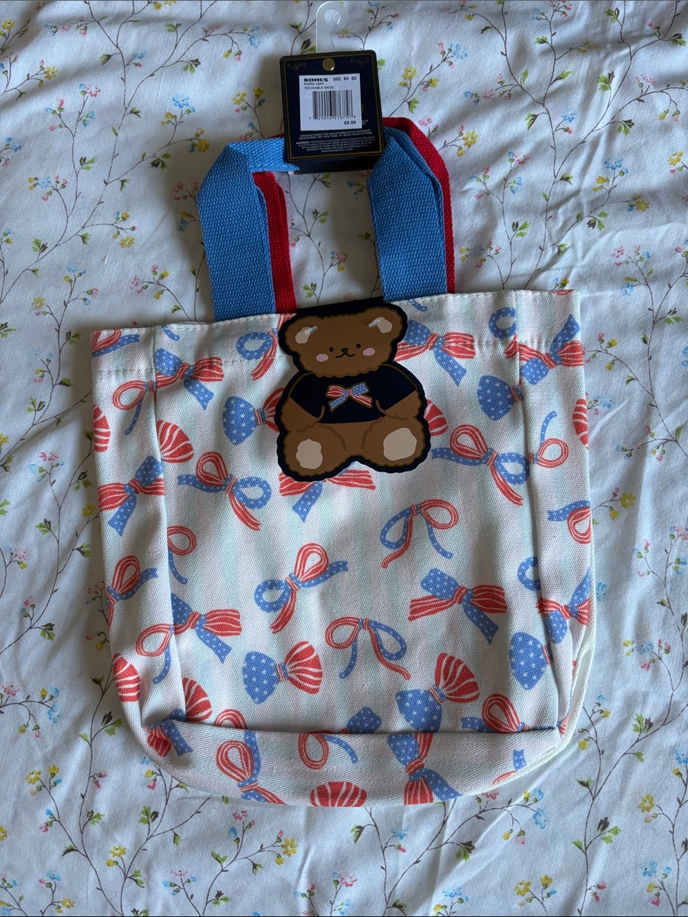 Small Canvas Tote Bag. Bear Patch on one and Blue & Red Bow Print on other